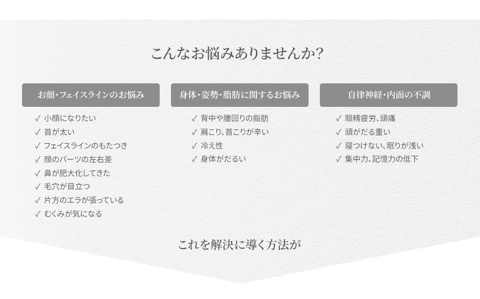 小顔になりたい 首が太い フェイスラインのもたつき 顔のパーツの左右差 鼻が肥大化してきた 毛穴が目立つ 片方のエラが張っている むくみが気になる 背中や腰回りの脂肪 肩こり、首こりが辛い 冷え性 眼精疲労、頭痛 頭がだる重い 寝つけない、眠りが浅い 集中力、記憶力の低下 身体がだるい
